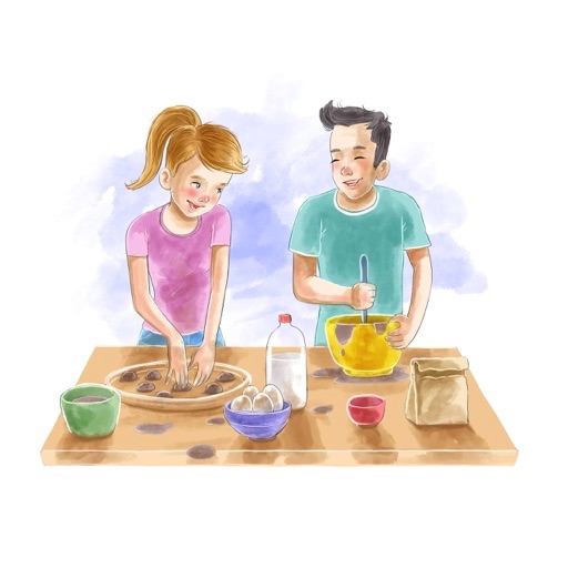 Illustration of teenage boy and girl baking together