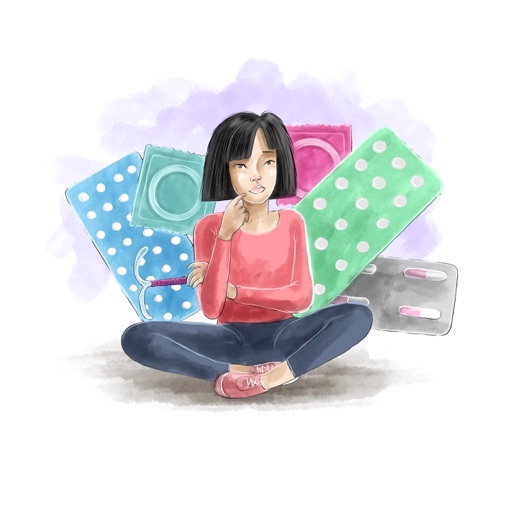 Illustration of teenage girl thinking and contraception methods in background