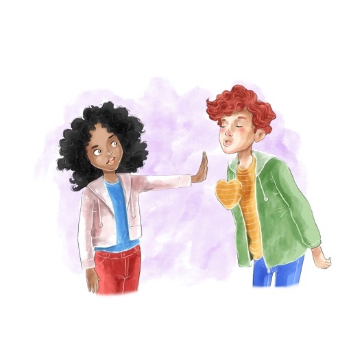 Illustration of teenage boy bending over to give girl a kiss. Girl has her hand raised to say stop