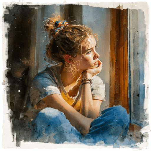Illustration of teenage girl looking out of a window thinking