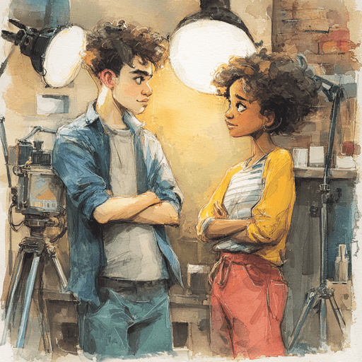 Illustration of two teens looking at each other on a studio set