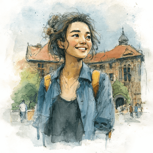 Student smiling in front of university campus