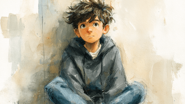 Illustration of 11 year old boy siting in casual clothes